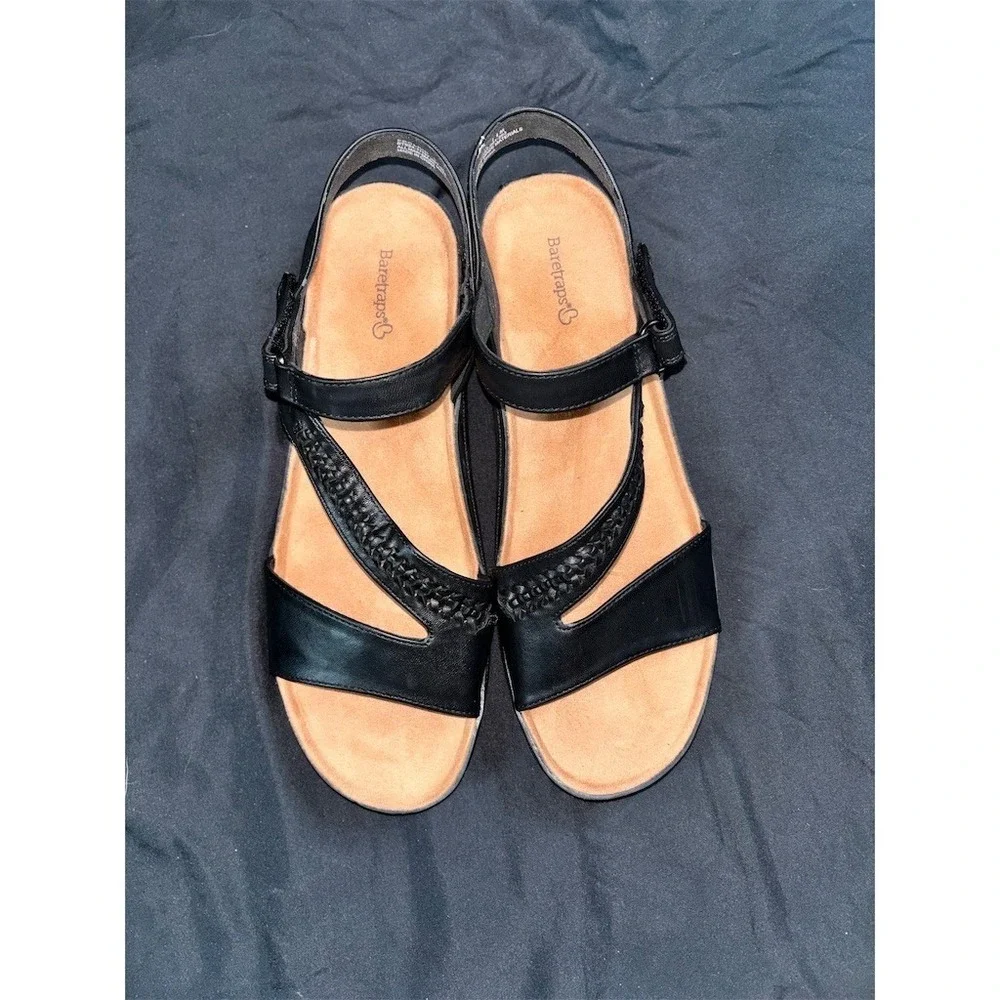 BareTraps Wedge Sandals size 11 Womens Black Ankle Strap Braided Comfort Footbed